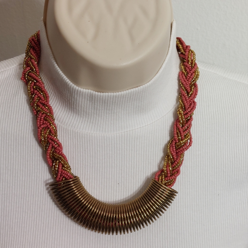 Red Gold Braided Seed Beads Gold Metal Accent Tribal Choker Necklace